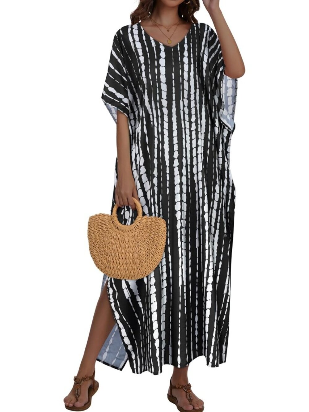 Women's Black White Stripes Plus Size V Neck Caftan Long Batwing Sleeve Cover Up - Picture 3 of 6